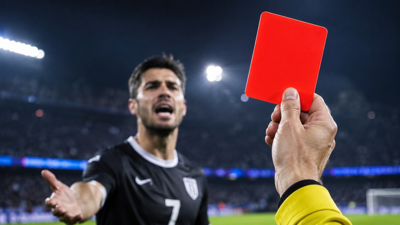 A red card, and the protest it triggers. Illustration (AI-generated, not a documentary photograph).
