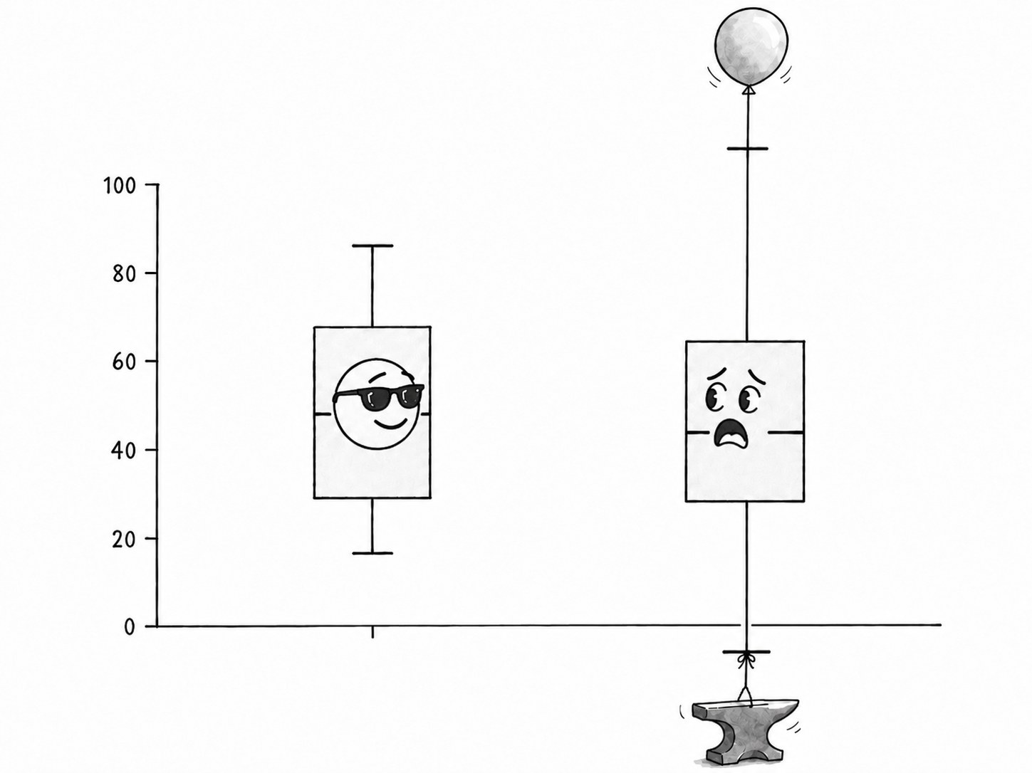 Two box-plot error bars on the same data: one wearing sunglasses, sure of itself; the other terrified, stretched between a balloon and an anvil. Illustration (AI-generated, not a documentary photograph).